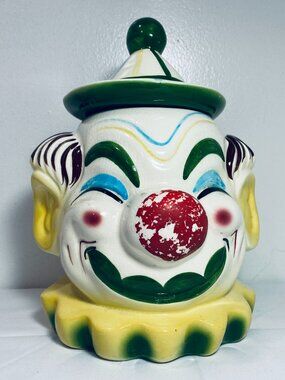 Clown Head Cookie Jar 1950's Sierra Vista California Pottery 11.5" W/Lid